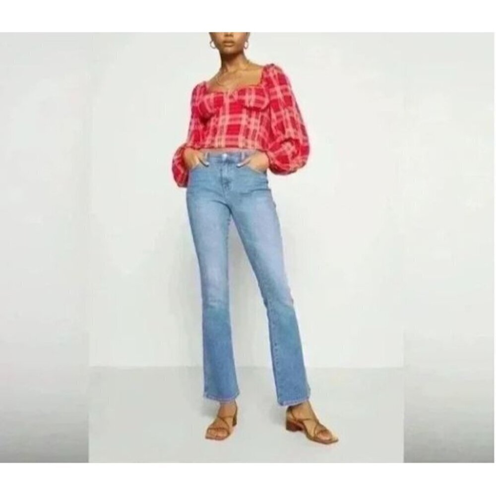 Free People Top Womens XS Red Plaid Smocked Cropped Peasant Coquette Cottagecore